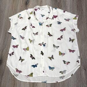 Jane & Delancey Butterfly Shirt Womens L White Colorful Butterflies Blouse NEW